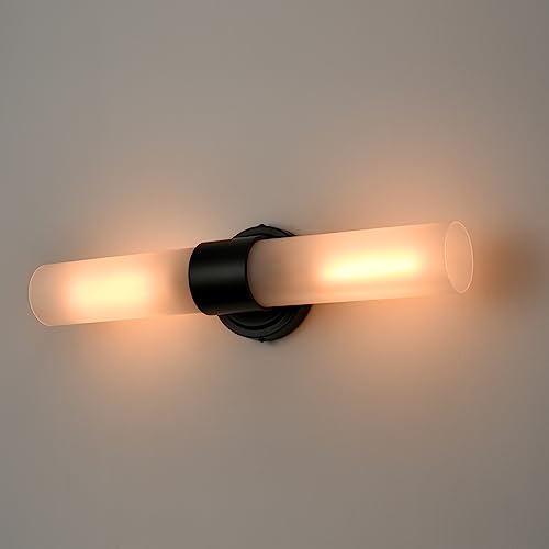 DAYCENT Modern Black Bathroom Vanity Lights Farmhouse 2-Light Frosted Glass Wall Sconce Matte Black Cylinder Sconces Wall Lighting for Bedroom Hallway Living Room, 20" H by DAYCENT - Image 5