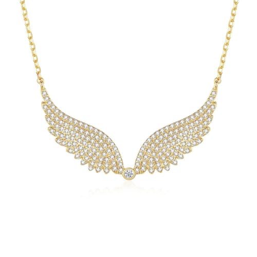 14K Gold Wing Pendant Necklace, Micro-Pave Moissanite Angel Wing Chain Jewelry for Women
