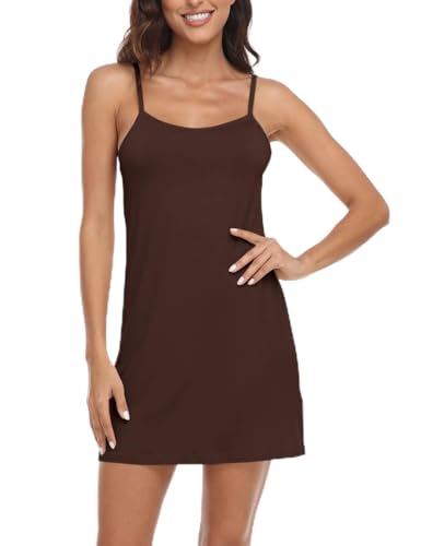 Anyeager Women's Basic Adjustable Spaghetti Strap Cami Slip Mini Dress (Coffee, Small)