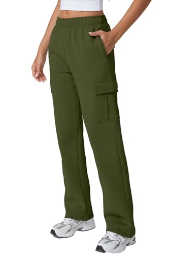 Image of QINSEN Baggy Medium Waist Elastic Sweatpants for Womens Casual Long Fleece Cargo Pants with Pockets