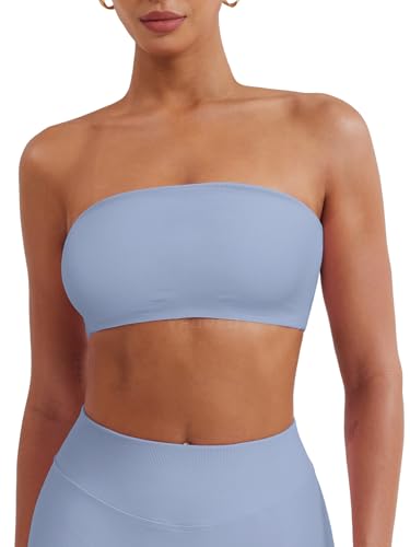 Image of YEOREO Strapless Bandeau Sports Bra for Workout Seamless Tube Top Gym Padded Wireless Bra