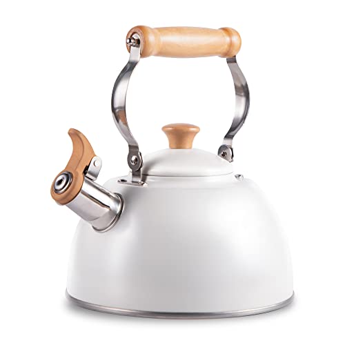 ROCKURWOK Tea Kettle, Tea Pot with Cool Touch Ergonomic Handle, Teapot Food Grade Stainless Steel, Tea Kettle Stovetop, Kettle Teapot, Whistling Tea Kettle, Tea Pot, 2.7 Quart (White) White(