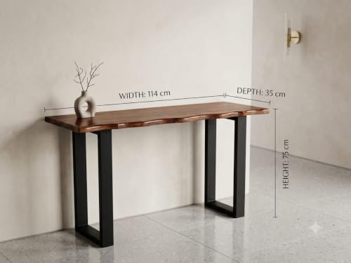 Image of Sheesham Wood Live Edge Console Table for Living Room & Entryway | Solid Wooden Legs | Modern Hallway Sofa Table | Rustic Accent Table for Foyer, Fish Tank & Bedroom | Light Walnut Finish