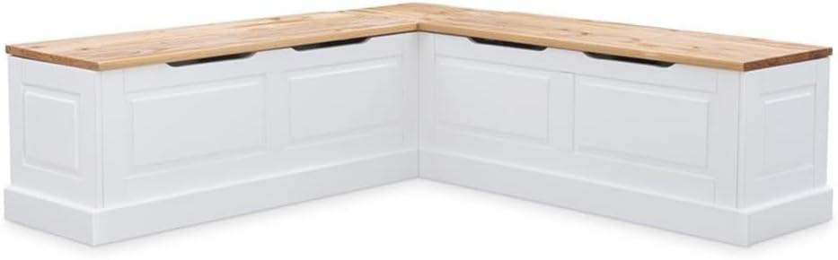 Riverbay Furniture 18" High Transitional Backless Wood Corner Kitchen Breakfast Nook Bench, with Hidden Storage, in White & Natural Finish