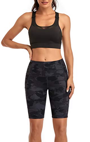 Oalka Short feminino curto de ioga com bolsos laterais cintura alta treino corrida, Espátula de carv