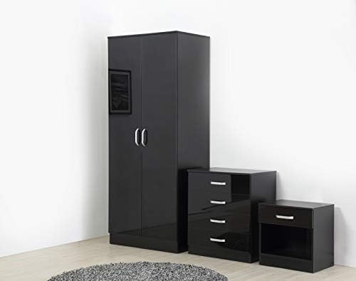 Gladini High Gloss 3 Piece Bedroom Furniture Set - Includes Wardrobe, 4 Drawer Chest, Bedside Cabinet (Black/Black)