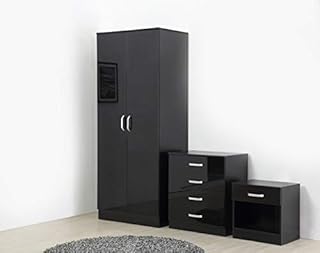 Gladini High Gloss 3 Piece Bedroom Furniture Set - Includes Wardrobe, 4 Drawer Chest, Bedside Cabinet (Black/Black)