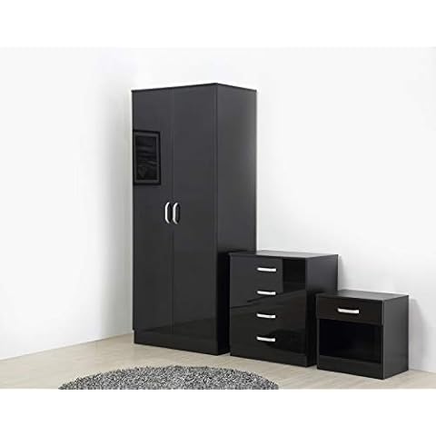 Gladini High Gloss 3 Piece Bedroom Furniture Set - Includes Wardrobe, 4 Drawer Chest, Bedside Cabinet (Black/Black) Cover