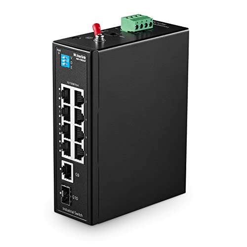 MokerLink 10 Port Industrial DIN Rail Switch, 8 Ports 100Mbps,1 Gigabit Ethernet and 1 SFP Uplink, DIN Rail & Wall Mount