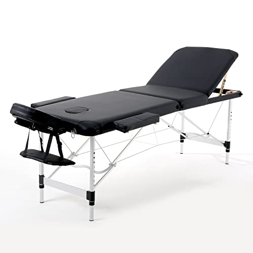 Panana Portable Foldable Massage Bed Aluminum Frame 3 Sections Professional Spa Table (Black)