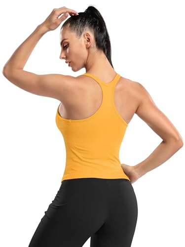 Image of ATTRACO Ribflex Ribbed Workout Crop Tops with Built in Bra for Women Yoga Racerback Tank Top Slim Fit