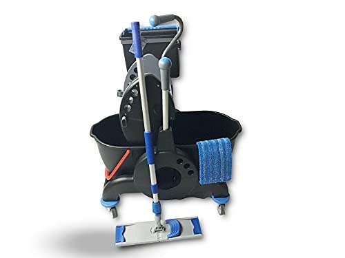 Chariot de nettoyage Giotto black | 2 x 15 litres | Livré avec balai à frange | 2 seaux | Lavage professionnel | Presse à machoires | Accroche balai | 1 seau pivotant porte produit | Kibros CHARGIOT