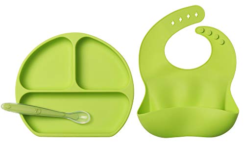 Bebé Niños Mantel Individual Plato Silicona Con Fuerte Succión Ventosa Divididas Placemat Bandeja Grado Alimenticio Trona Infantil Base Antideslizante FDA y Sin BPA-Microonda &Lavavajillas(Verde)