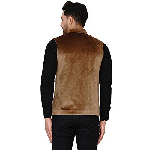 Men's Velvet Solid Nehru Jacket (Golden)4