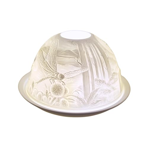 Nordic Lights Dragonfly Porcelain Tealight Holder Dome | Candle Holder Projecting 3D Image Use With Scented Candle, LED Light | Perfect Living Room Decor Lights | Shade & Plate Set with Gift Box