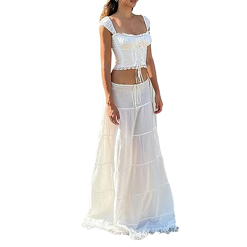 Women´s Long Skirts Lace Hem Tie-Up Low Waist Skirts Spring Summer Fashion Casual Skirts3