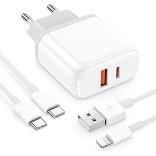 Cargador iPhone [Certificado MFi] USB C Cargador Carga Rapida 20W Enchufe 2 Puertos con 2 Cables de 2M Compatible with iPhone 15/14/13/12/11/Pro/Max/XR/XS/X/8/iPad/S24/S23/Plus Pared Charger Adaptador