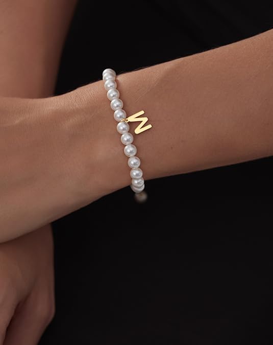 Gold Pearl Initial Bracelets for Women, 14K Gold Plated Dainty Bracelet with Letter Charm, Monogram Bracelet Gifts for Her, Trendy Jewelry for Women - Image 7