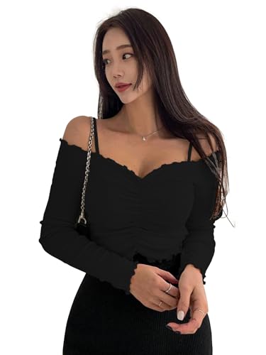 Image of Sugathari Women's Purple Solid Colour Open Cold Off Shoulder Long Sleeve Lettuce Hem Casual Autumn Trim Tight- Slim Fitting Ruched Front Ladies' Camisole Top, Tee, T-Shirt (T-Shirt 184)