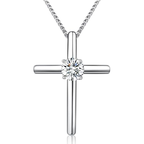 Cross Necklace for Women, 1 Carat Moissanite Cross Pendant, 925 Sterling Silver Plated Cross Faith Pendant Necklaces Religious Anniversary Birthday Christmas Jewelry Gifts for Women Her Wife