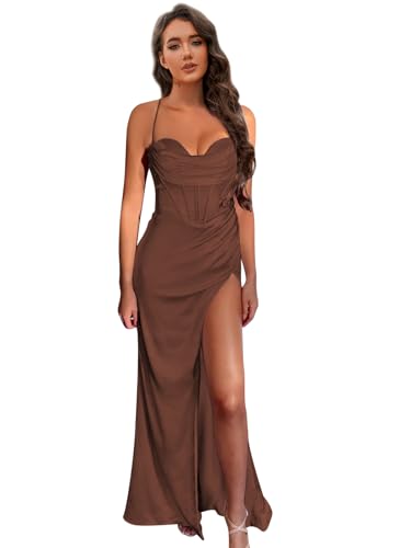 Image of Women's Mermaid Prom Dress with Slit Satin Bridesmaid Dresses Long Corset Evening Formal Party Gown