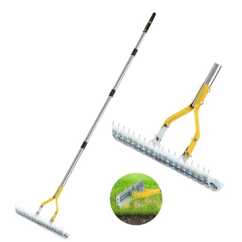 Thatch Rake, 15-Inch Steel Lawn Dethatcher with Handle, Heavy Duty Grass Cleaning Tool for Dead...