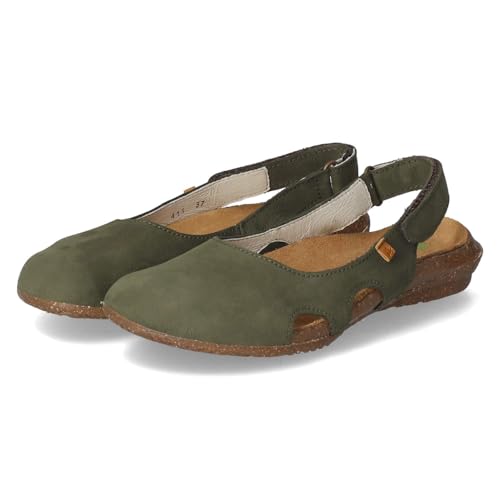 Sandales El Naturalista N413 vert kaki en cuir nubuck lavé écoresponsable pour femme