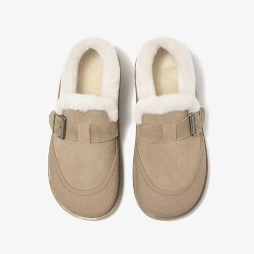 Image of BEAU TODAY Women Winter Loafers,Platform Suede Leather Comfortable Loafers for Women,Slip On Cute Fur Lined Adjustable Loafers Mules