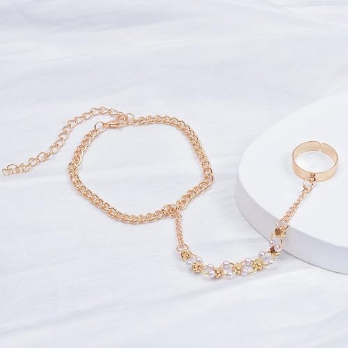 Image of Long tiantian Hand Chain Bracelet Gold Link Finger Ring Slave Bracelet