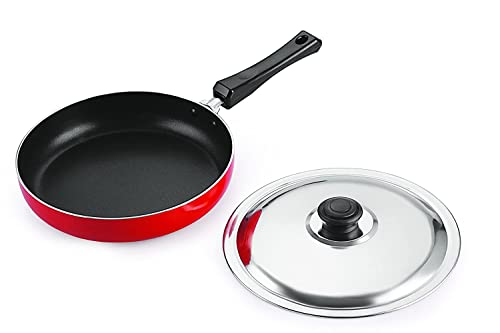Image of NIRLON Aluminium Non Stick Gas Friendly Frying Pan with Stainless Steel Lid-28cm, 3.2 Litre (Red)