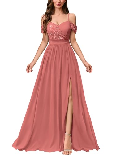 Image of MIUSOL Women's Vintage Slip Off-Shoulder Lace Sequin Wedding Guest Banquet Party Maxi Dress (Small, Cinnamon Pink)
