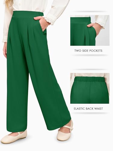 Image of Haloumoning Girls Uniform Pants Kids Wide Leg Dress Pants 5-14 Years | High Waisted, Casual Trousers, With Pockets