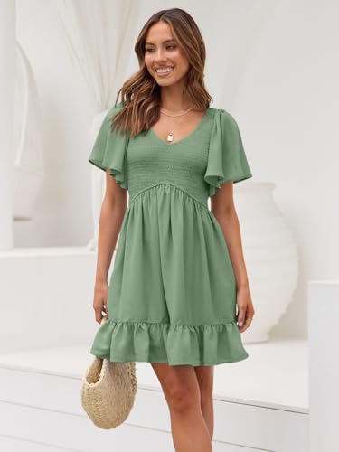 Image of LILLUSORY Women's Flowy Casual Mini Dresses 2026 Summer Graduation Smocked V Neck Vacation Dress Dress with Pockets