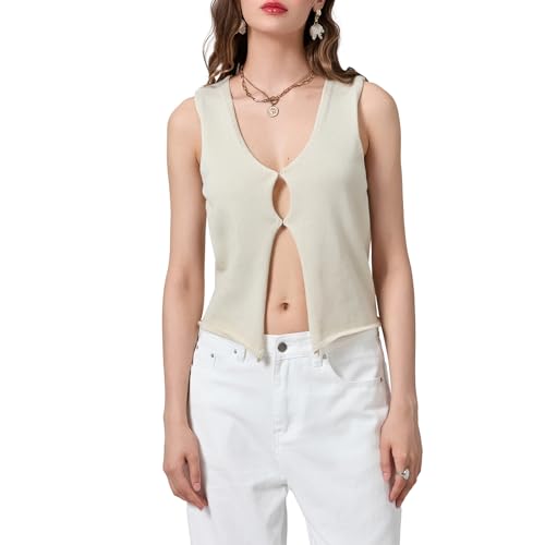 Image of Crochet Knitted Vest for Women Vintage Y2K Hollow Out Button Down Cardigan Retro Crochet Knit Tank Vest