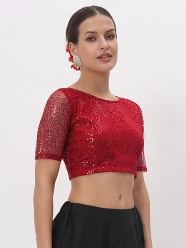 Image of studio rasa Women's Net Sequin Embroidered Sheer Sleeves Readymade Saree Blouse for Wedding Festive Party