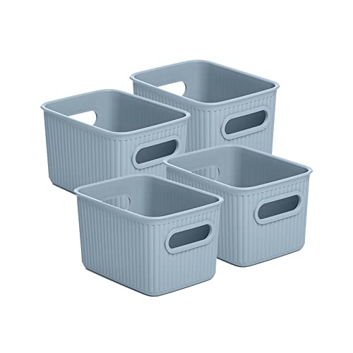 Superio Ribbed Collection - Decorative Plastic Open Home Storage Bins Organizer Baskets, Small Blue (4 Pack) Container Boxes for Organizing Closet Shelves Drawer Shelf 1.5 Liter