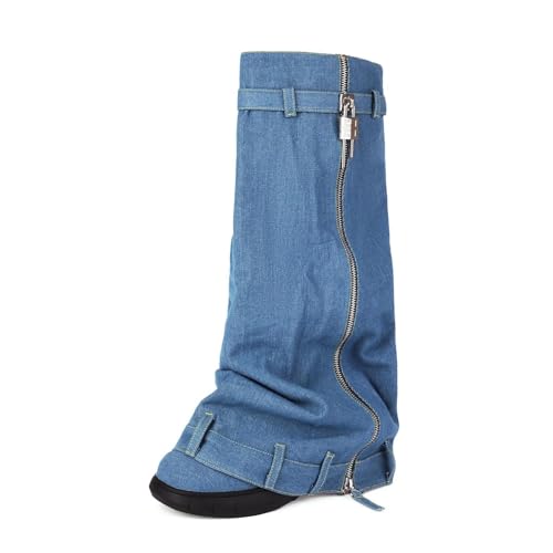keleimusi Denim Lock Biker Boots Fold Over Knee High Jeans Boot for Women