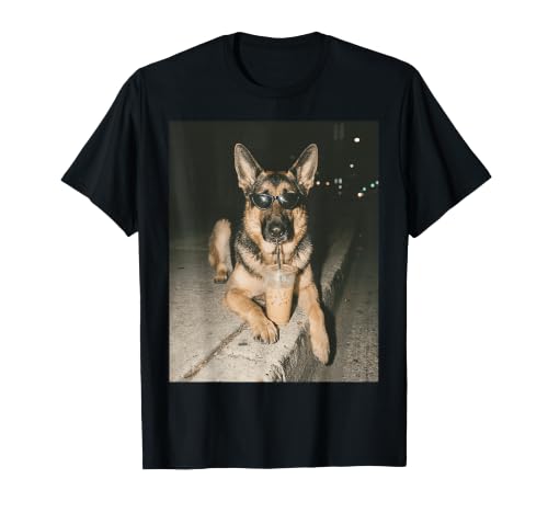 Funny German Shepherd Drinking Iced Coffee Meme Dog Lover T-Shirt