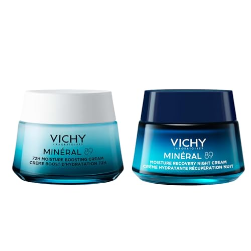 Vichy Minéral 89 Moisturiser Duo – 72H Hydration with Hyaluronic Acid & Squalane – Night Recovery Cream with Melatonin – 2 x 50ml Bundle