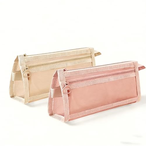 Pacote com dois estojos de lápis de malha de grande capacidade de camada dupla organizador bolsa transparente com zíper para uso no escritório, Bege rosa