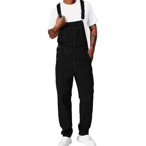 ESDVQ Men's Casual Fashion Washed Loose Denim Bib Pants (US, Waist, 32, Regular, Black)