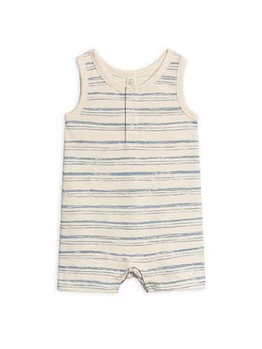 Image of Colored Organics Organic Cotton Baby and Toddler Summer Romper One Piece - Wave Stripe/Rain 6-12M