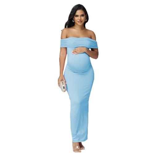 LIZHAYG Robe Grossesse Robe de maternité élégante et moulante, tenue de photographie for femme enceinte, en maille, épaules dénudées, fente latérale, vêtements de fête de mariage(Blue,XL)