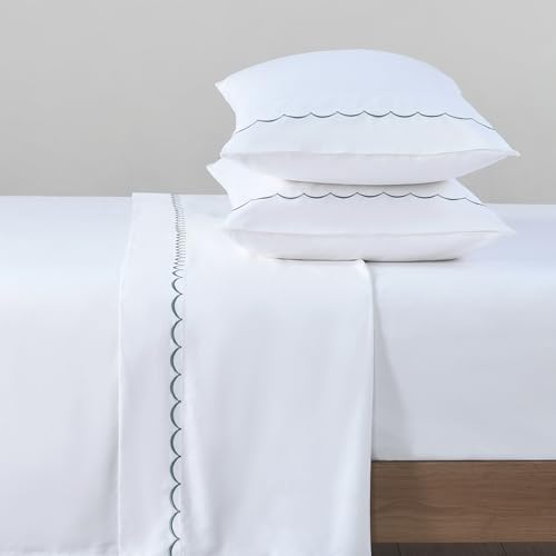 PANDATEX Luxurious 100% Cotton White Embroidered Sheets - 80s Ultra Soft Yarn, High End Hotel Quality Sateen Bedding for Queen Size Bed with 16'' Deep Pocket, Green Scallop Design