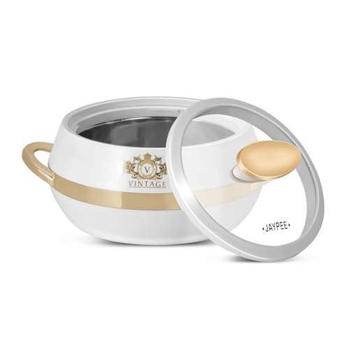 JAYPEE Vintage Inner Stainless Steel Casserole Set of 3 with Lockable Lid |1000+1500+2000 ml |BPA Free Insulated Casserole Set |Food Grade Serving Set |Ideal for Chapati,Warm & Fresh Food,White