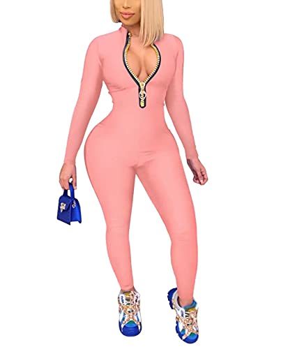 Annystore Women's Sexy Plain Color Long Sleeve Zipper One Piece Bodycon Party Club Long Rompers Jumpsuit Pink 2XL