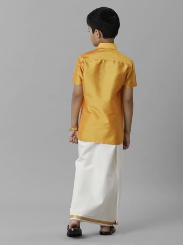 Image of RAMRAJ COTTON Boys Silk Cotton Shirt With Adjustable Cream Dhoti Perfect For Ceremonies| Festivals| And Special Occasions