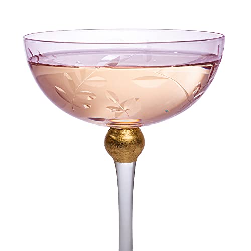 Colored Coupe Art Deco Glasses, Gold | Set Of 4 | 8 Oz Classic Cocktail Glassware For Champagne, Martini, Manhattan, Sidecar, Crystal Speakeasy Style Goblets Stems (Pink) #TOP5