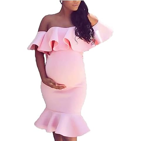 Pink Trendy Bodycon Maternity Dress for Baby Shower Girl Summer, Off The Shoulder Tiered Ruffle Short Sleeve Mermaid Midi Dress for Pregnant Women 2023 Cover