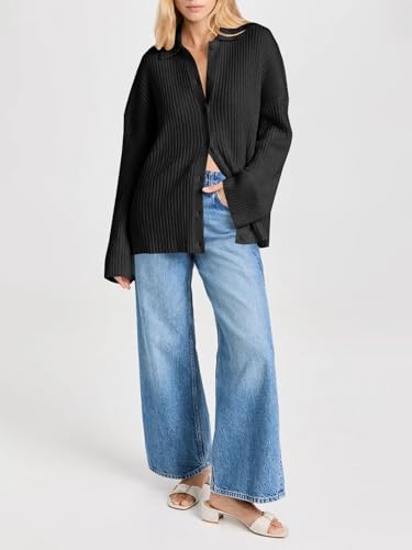 Danedvi Womens Collared Cardigan Sweaters Oversized Ribbed Knit Open Front Button Up Bell Sleeve Outwear3